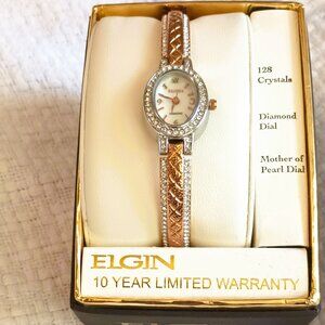 Elgin Two Tone Oval Dress Watch Diamond & Mother of Pearl Dial Crystal Bezel